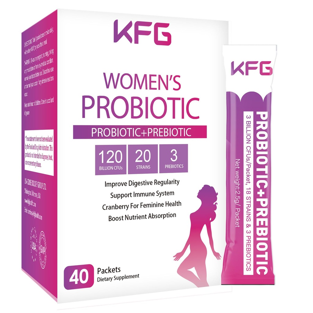 KFG Women's Probiotic Powder, with 100 Billion CFUs, 20 Strains, 3Organic Prebiotics, Cranberry, Digestive Enzymes & D-Mannose, for Boost Immune, Digestive, Gut, Vaginal & Urinary Health, 40 Packets