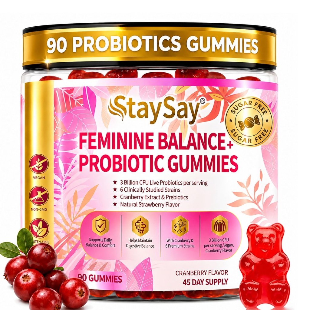 Probiotics Gummies for Women, Feminine Women Probiotic, Sugar Free, with Prebiotic Fiber & Vitamin C, 3 Billion CFUs, 6 Strains, Digestive Support, Gut & Immune Support, 90 Count Cranberry Gummies