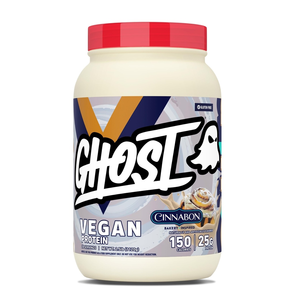 GHOST Vegan V2 Protein Powder, Cinnabon – 2.5LB Tub, 25G of Protein - Plant-Based Pea & Organic Pumpkin Blend Protein with Fiber & Iron ­- Flavored Post Workout Shakes - Soy & Gluten Free