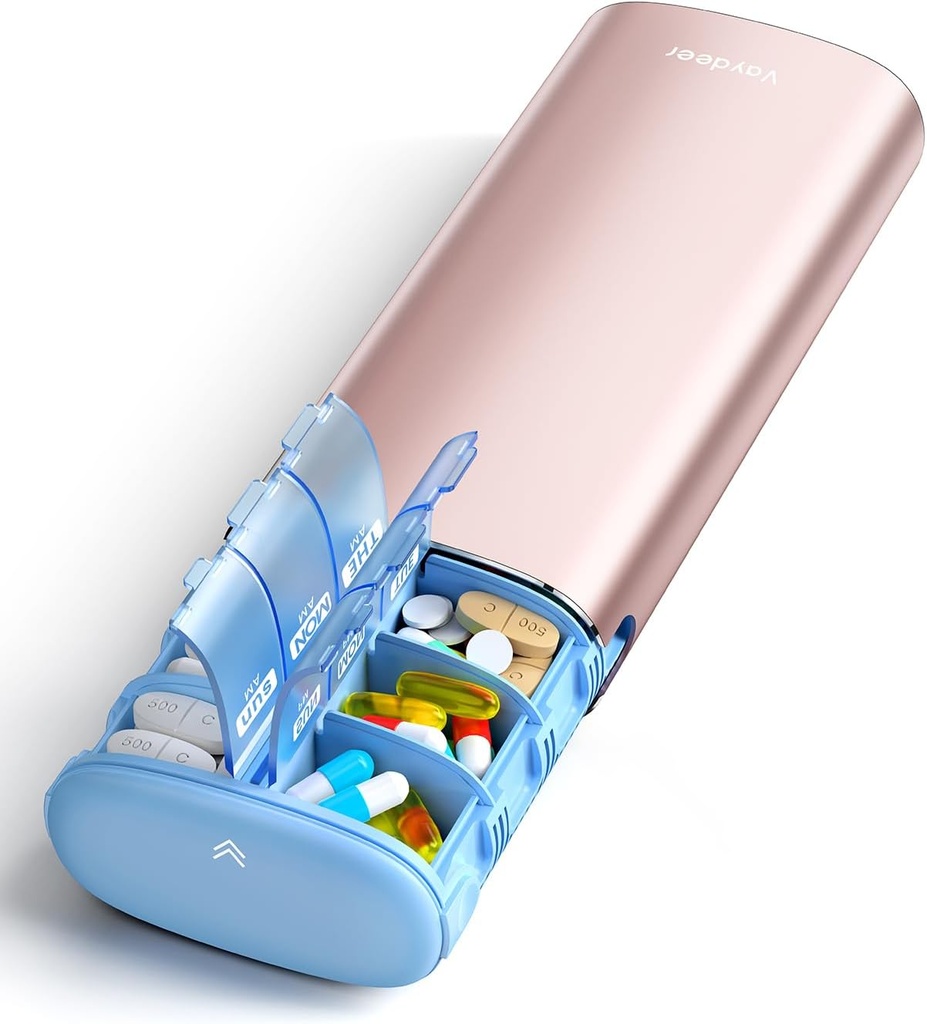 Vayrådyr 7 Dag Ugentlig Pill Organizer 2 gange om dagen, Metal Am Pm Travel Pill Case, Stor kapacitet to gange daglig Cute Pill Box for kosttilskud, piller, vitaminer og medicin (Rose Gold)