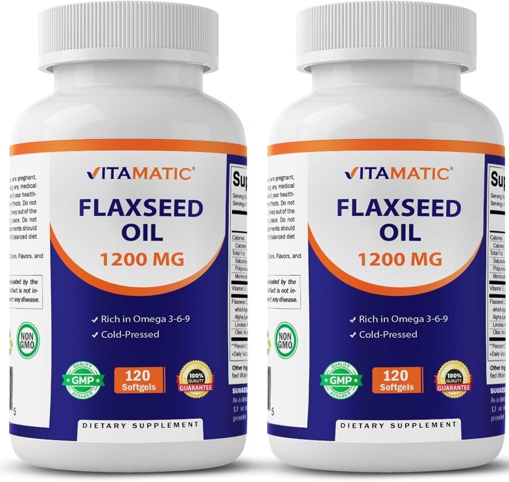 Vitamatic 2 Pack Flaxsee Oil 1200mg 120 fra Cold Pressed Flax Seed - 675 mg ALA Omega 3 Fedtsyrer til forbedring af hjertets sundhed