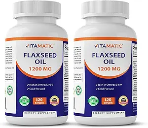 Vitamatic 2 Pack Flaxsee Oil 1200mg 120 fra Cold Pressed Flax Seed - 675 mg ALA Omega 3 Fedtsyrer til forbedring af hjertets sundhed