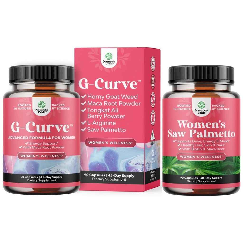 Bundle of G-Curve Butt and Breast Growth Capsules - Horny Goat Weed, Muira Puama & Maca Root and Extra Strength Saw Palmetto for Women 500mg - DHT Blocker Hair Vitamins for Hair Loss Supplement