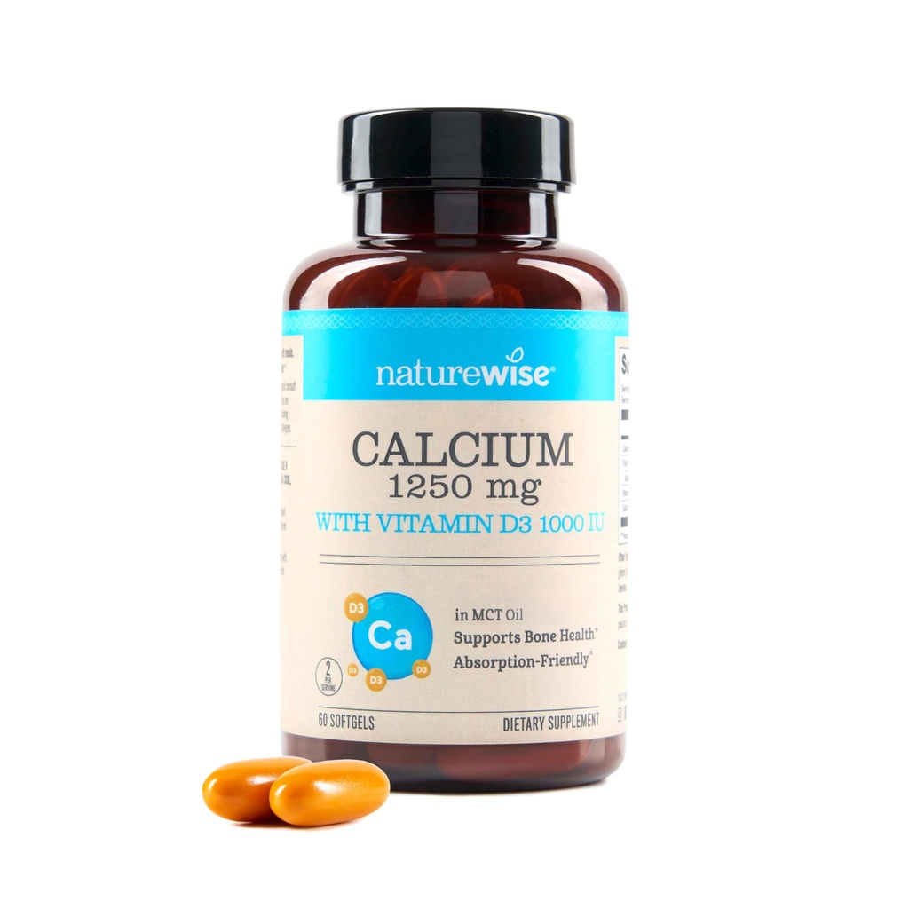 NatureWise High- Renhed, All- Natural Calcium 1250mg + vitamin D3 1000IE + Organic MCT Coconut Oil - Graviditet Safe + non- GMO - Absorption Friendly, Gluten Free - 60 Softgels [30- Day Supply]