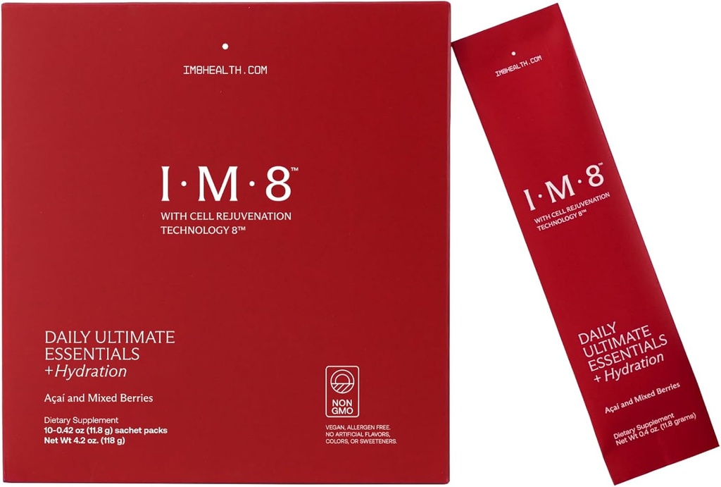 IM8 Daily Ultimate Essentials All- in- One Multivitamin Supplement, 92 Nutrient Rich Ingredienser CoQ10, Probiotika, Vitaminer, Grønne, Gluten Free, Vegan, Acai blandet berry (10 Servere, Rejsepakker)