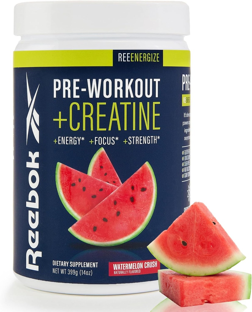 Reebok Pre- Workout Pulver • 124; 200mg Natural Coffein, 3g Creatinine Monohydrat • 124; Ren energi • Pre Workout for Styrke, Focus & Pump • 124; Informed- Sport Certificeret • 124; ReeEnergize • 124; Vandmelon Crush