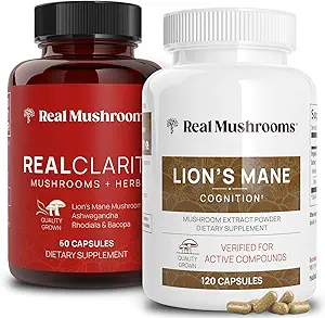 Real Mushrooms RealClarity (60ct) og Lions Mane (120ct) Capsules Bundle - Mushroom Supplement for hjerne sundhed, mental Clarity, Focus, Cognition & immunforsvar - Brain Vitaminer w / Ashwagandha