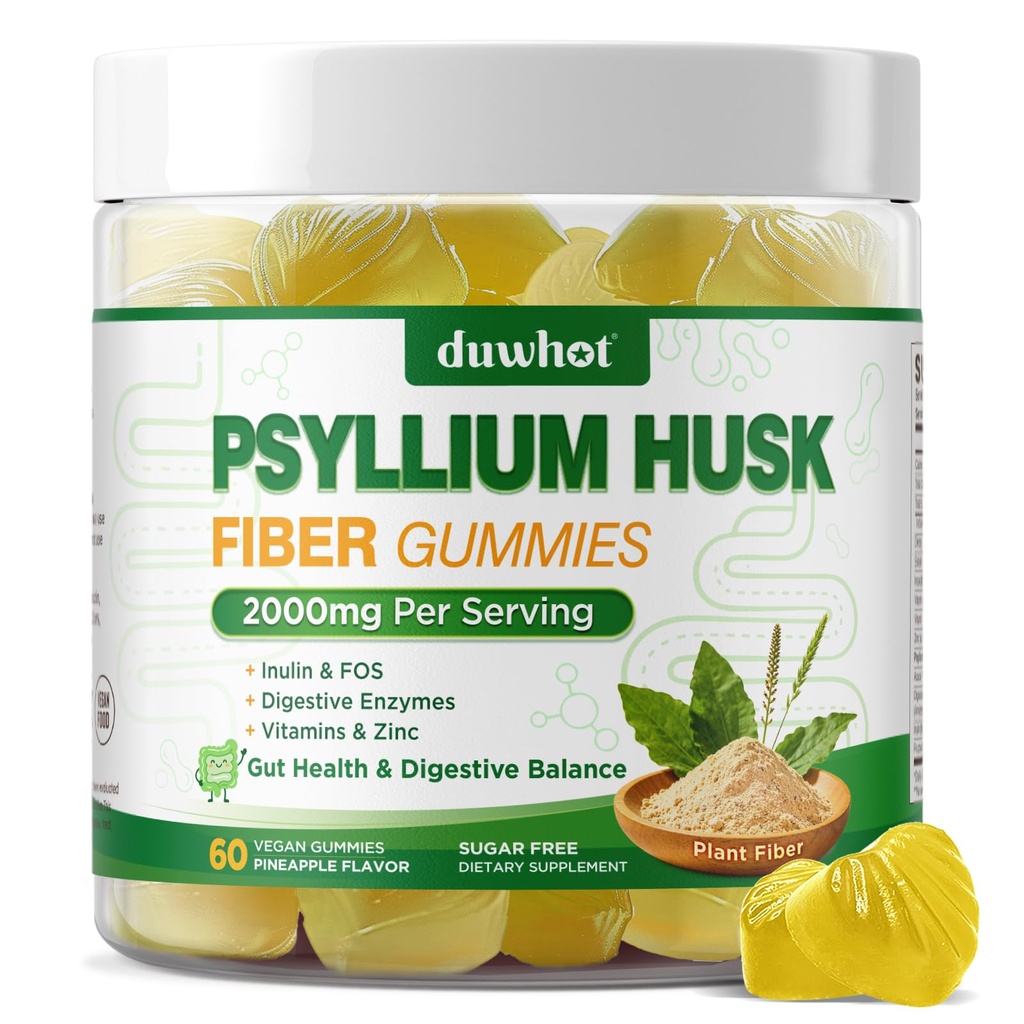 Psyllium Husk Gummies for Adults, 2000mg Psyllium Husk Fiber Supplement with Acacia Fiber, Inulin & FOS, Digestive Enzymes for Gut Health & Regularity, Vegan, Organic, Sugar Free, Pineapple, 60 Chews