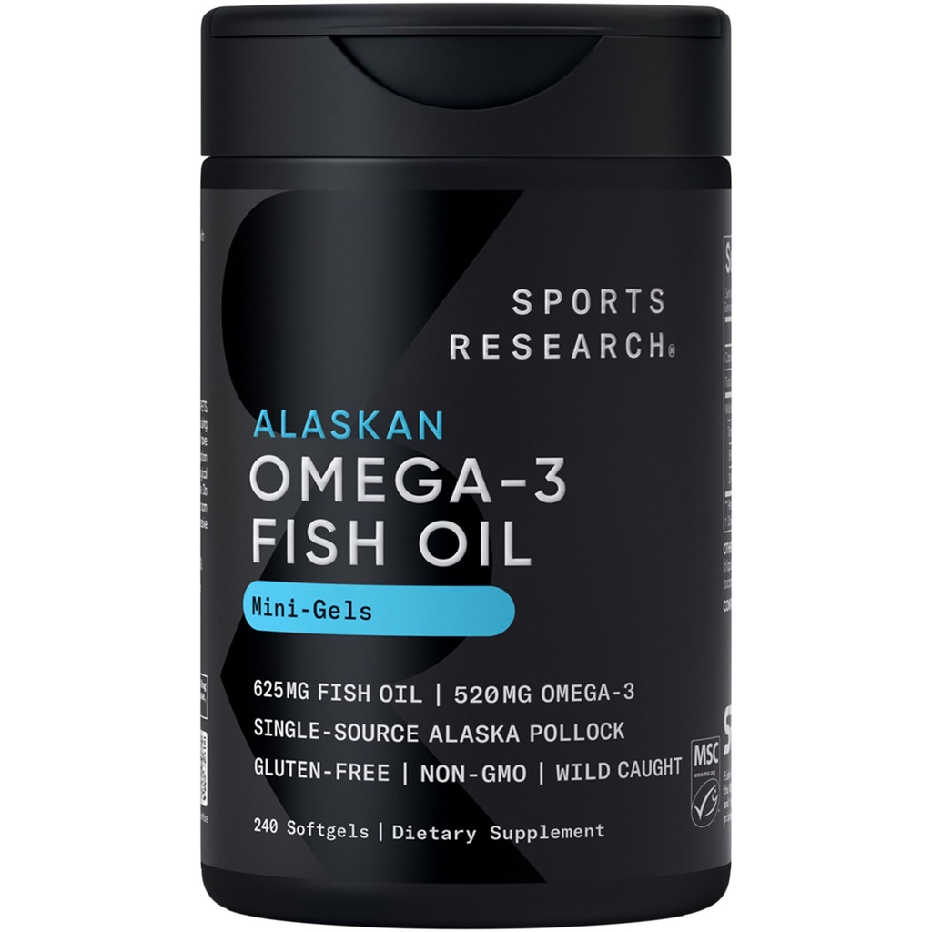Sports Research® Omega-3 Fish Oil AlaskOmega Mini Gels 625mg from Wild Alaskan Pollock - Burpless Fish Oil Supplement with Omega-3 EPA & DHA - Sustainably Sourced, Non-GMO, Gluten Free - 240 Softgels