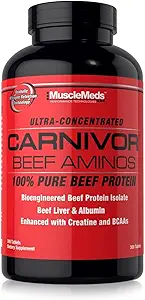 MuscleMeds Carnivor Beef Aminos, Beef Protein Isolate, Beef Lever, Beef Albumin, Creatin, BCAA for inddrivelse og muskelvækst, 300 tabletter