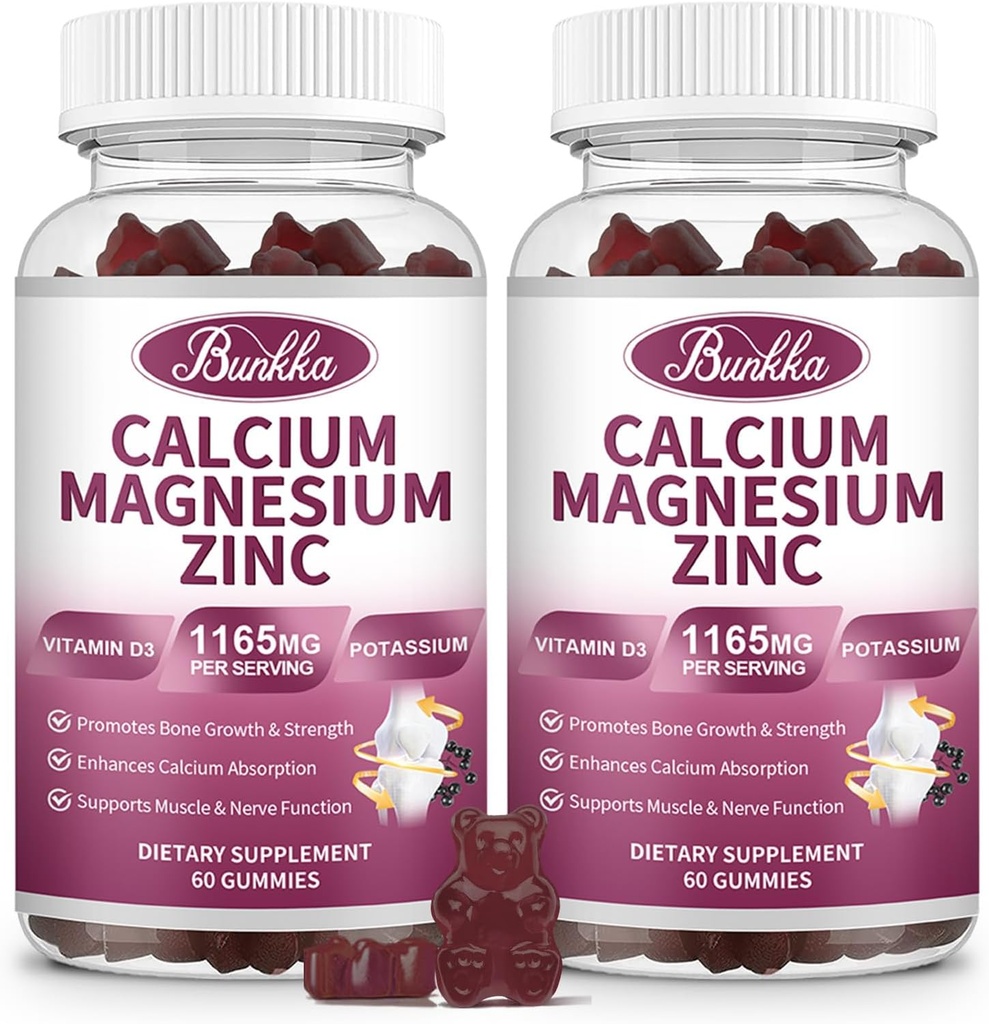 Calcium Magnesium Zinkgummier med Magnesium Glycinat 200mg, Kalium, D3, Sea Moss, Calm Mood & Sleep Support - Kids & Voksen 2 Pack