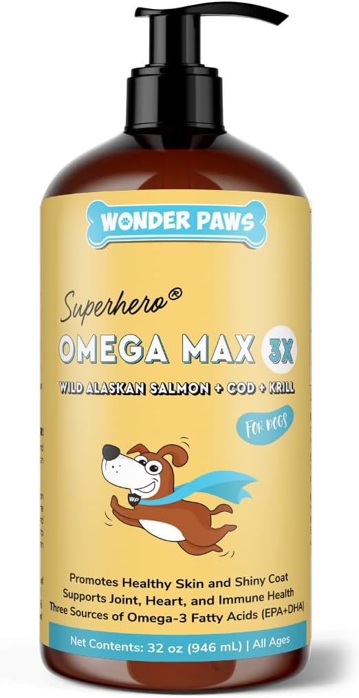 Wonder Paws Fish Oil for Dogs - Omega 3 for hunde fra Alaska Salmon, Cod & Krill Oil - EPA DHA fedtsyrer - Mindre smøring & kløende - Hud, Fælles, Immunation & Heart Sundhed - flydende supplement (32 oz)