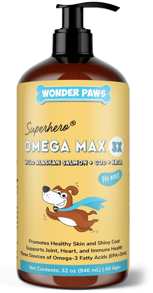 Wonder Paws Fish Oil for Dogs - Omega 3 for hunde fra Alaska Salmon, Cod & Krill Oil - EPA DHA fedtsyrer - Mindre smøring & kløende - Hud, Fælles, Immunation & Heart Sundhed - flydende supplement (32 oz)