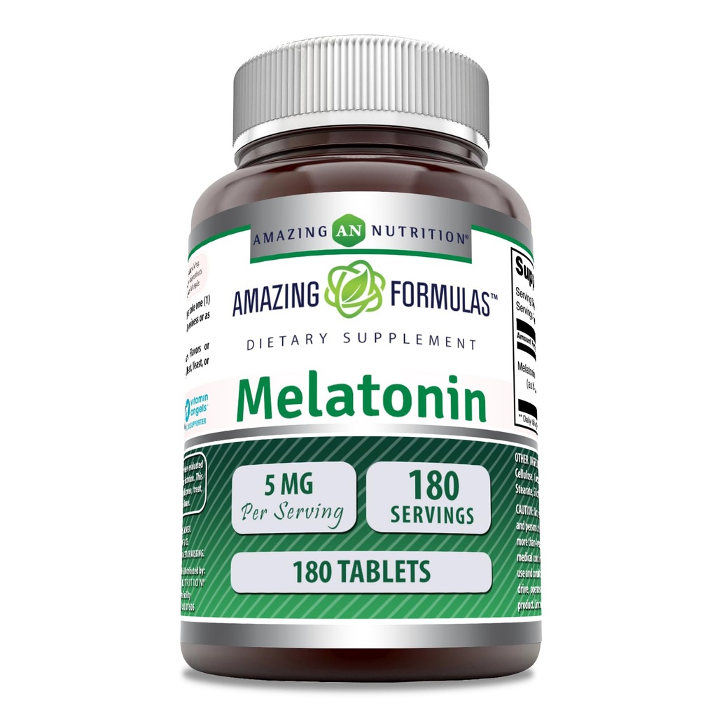 Amazing Formulas Melatonin Supplement: 124; Unflavored • 124; 5 Mg • 124; 180 tabletter • 124; Non- GMO • 124; Gluten Free • 124; Fremstillet i USA