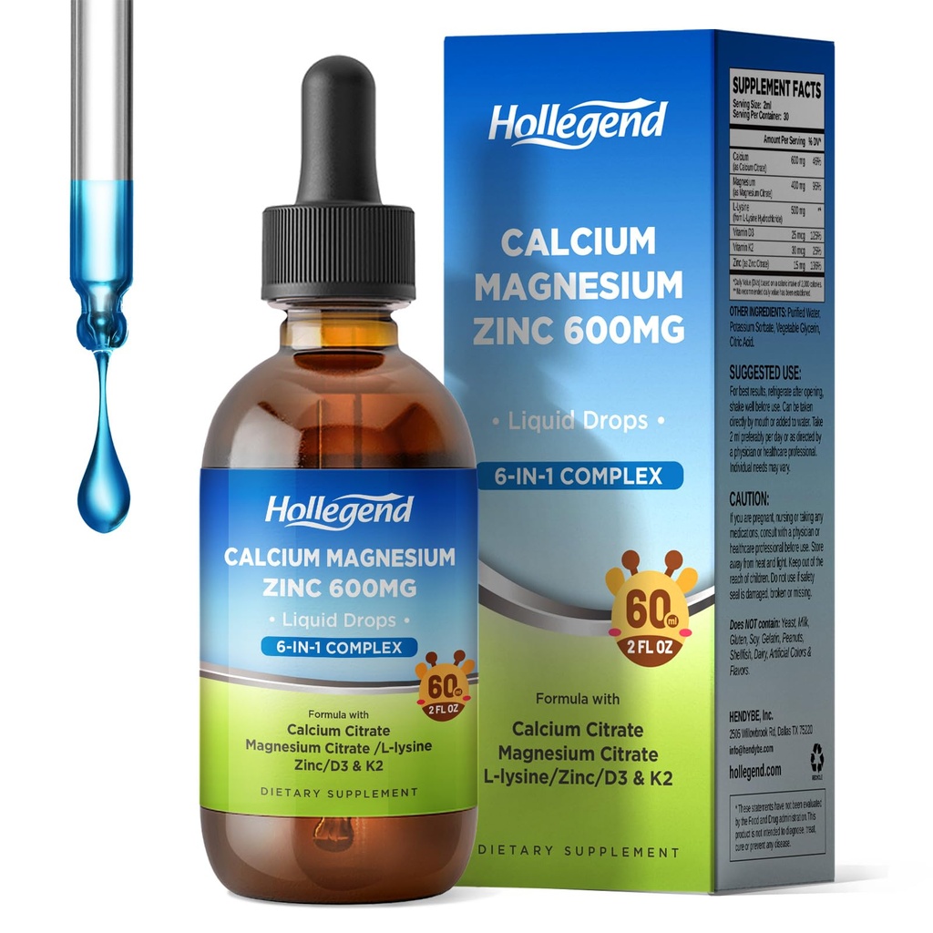 Liquid Calcium Citrate Drops med L- Lysin 500mg, Magnesium & Zink, Calcium Citrate 600mg tillæg med vitamin D3 & K2 for børn og voksne, 2 Fl Oz