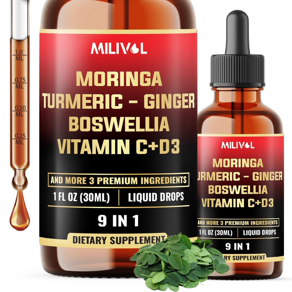 9in1 Moringa Liquid Drops with Ginger Root, Ceylon Cinnamon, Ashwagandha Root, and Bitter Melon - Supplement for Women and Men - 1 FL Oz - 60 Day Supply