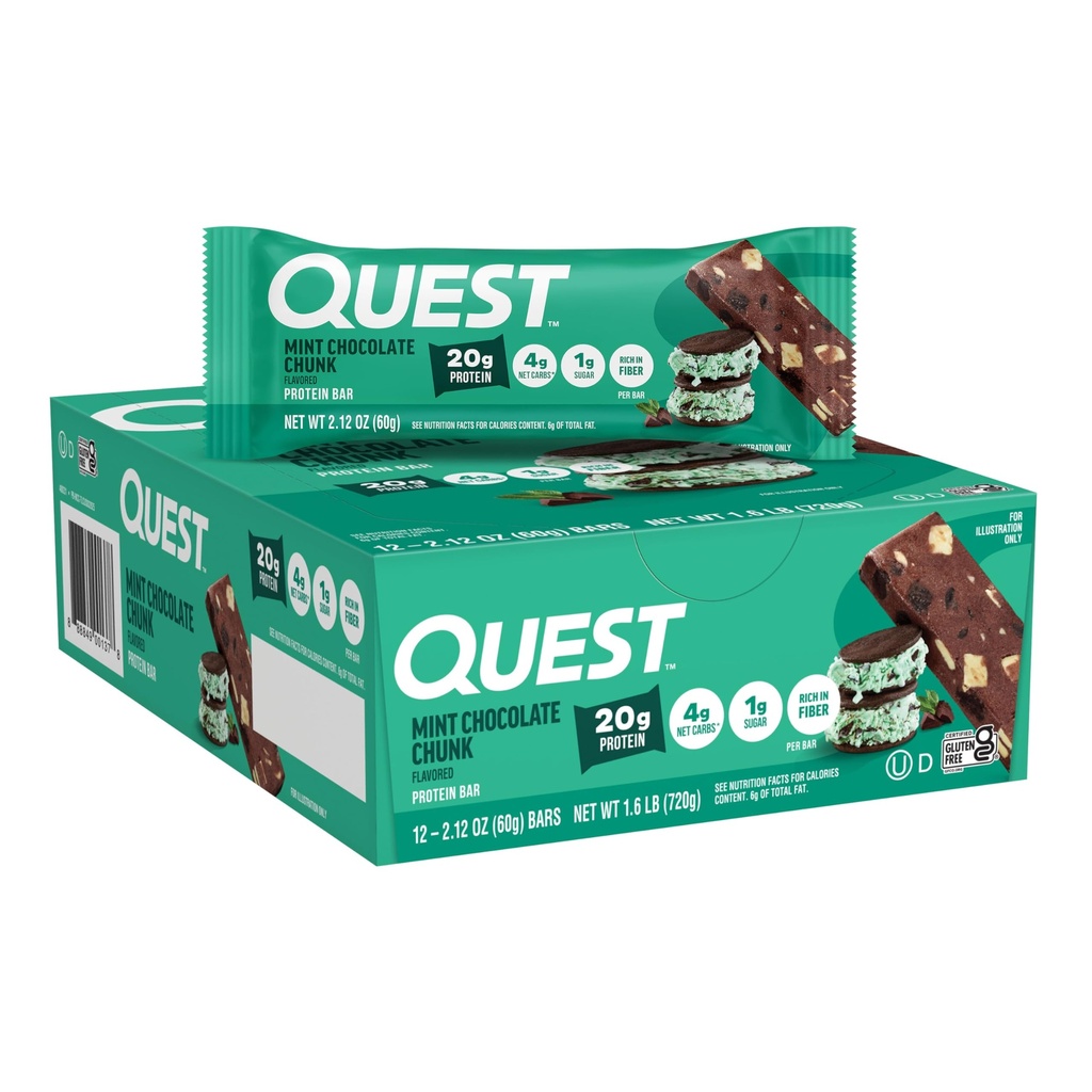 Quest Nutrition Mint Chocolate Chunk Protein Bars, 20g Protein, 1g Sukker, 4g Net Carb, Gluten Free, Keto Friendly, 12 Greve