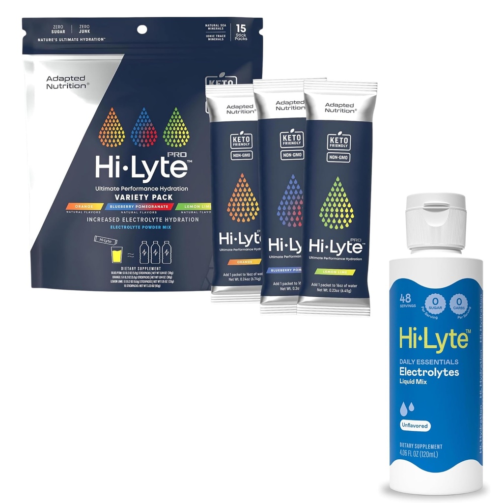 Hi-Lyte Hydration Bundle - Pro Variety Electrolyte Stick Packs (15 Servings) and Hi-Lyte Elecrolyte Concentrate Liquid (48 Servings)