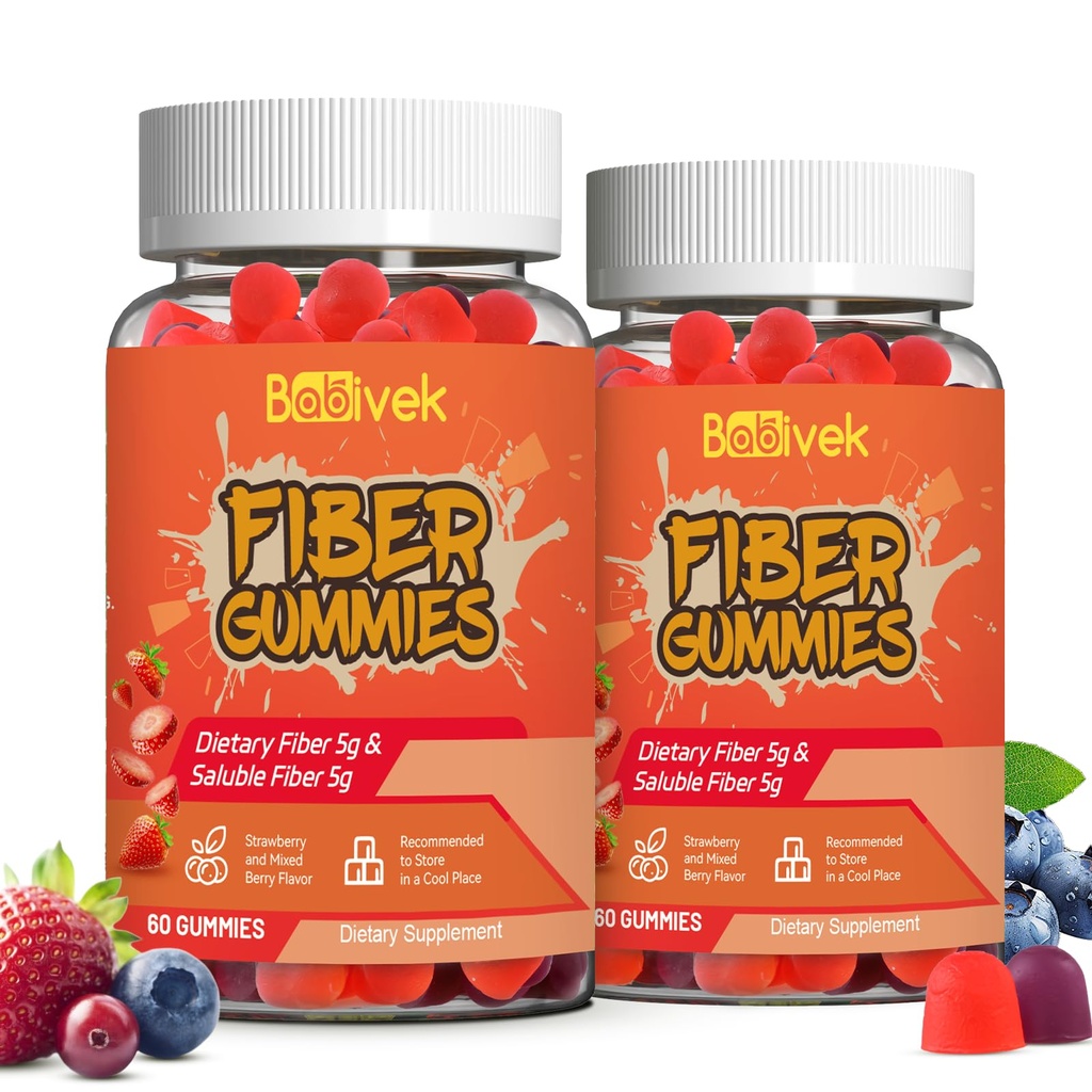 Fiber Gummies for Women and Men – Dietary Fiber, Gut Health Support, Vegan, Non-GMO, Non-Gluten, Mixed Berry & Strawberry Flavors, 60 Count(Pack of 2)