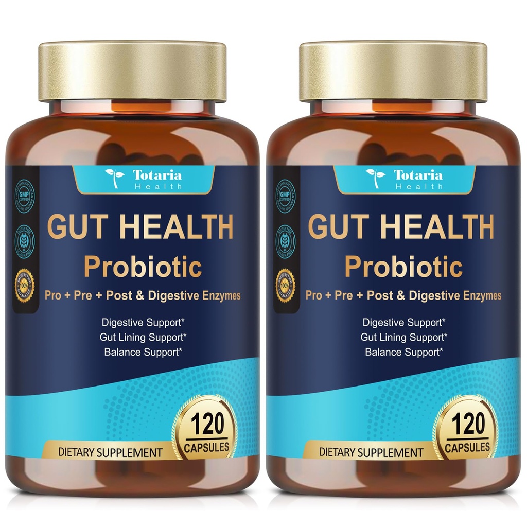 Totaria 14-in-1 Gut Health Supplement with Probiotics, Prebiotics, Postbiotics & Digestive Enzymes for Women & Men, 60 Billion CFU Probiotics for Gut and Digestion, Strong Immunity, Skin (2 Pack)