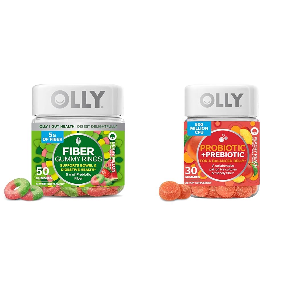 OLLY Fiber Gummy Rings, 5g Prebiotic Fiber, FOS (Fructo-oligosaccharides), Digestive Support & Probiotic + Prebiotic Gummy, Digestive Support and Gut Health, 500 Million CFUs, Fiber