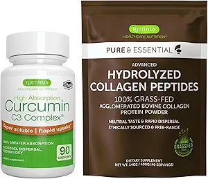 100% Grass-Fed Bovine Collagen Powder + High Absorption Curcumin C3 Complex Sport & Recovery Bundle, 300% Greater Absorption Curcuminoids with Rapid Uptake, by Igennus