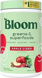 Bloom Nutrition Superfood Green Powder, fordøjelsesenzymer med probiotika og Prebiotika, Gut Health, Bloating Relief for Women, Chlorella, Green Juice Mix med Beet Root Powder, 25 SVG, Apple Cider