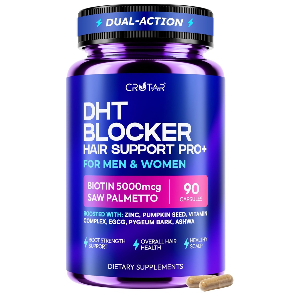 Crotar DHT Blocker for Women & Men | Dual Action Hair Growth Supplement | Saw Palmetto and Pumpkin Seed Oil, Biotin 5000 mcg, Zinc | Hair & Scalp Support Herbal Complex | 90 Capsules