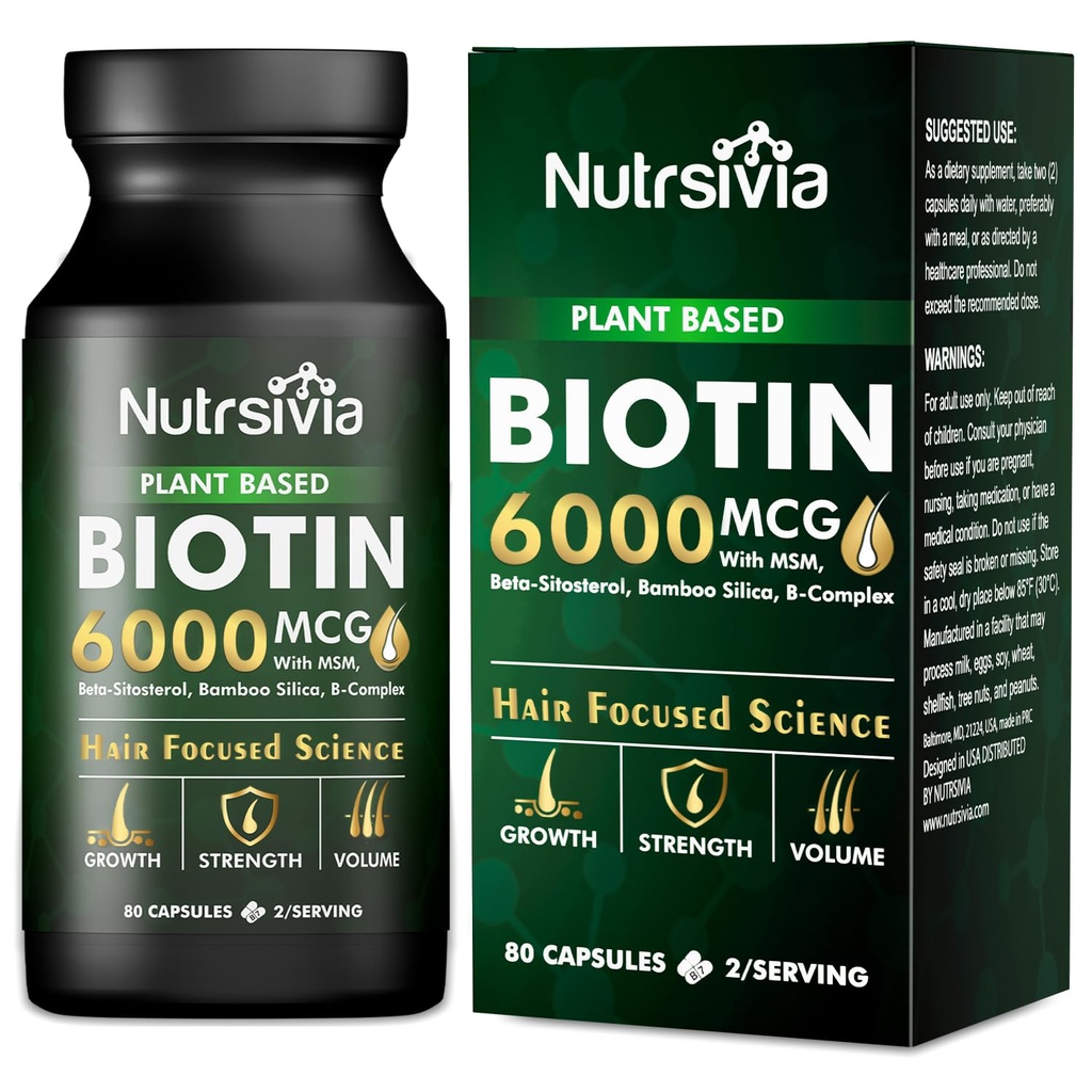 Biotin 6000mcg Hair Growth Supplement with MSM& Bamboo Silica - Hair, Skin & Nail Support for Women & Men, 80 Capsules.