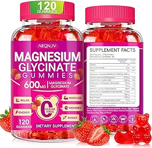 Magnesium Glycinat Gummies 600mg, tyggetuskler fri Kalium Magnesium Gummies med Magnesium Glycinat, D-vitamin, B6 og CoQ10 til søvn, afslapning, hjerne og muskel, 60 dages forsyning