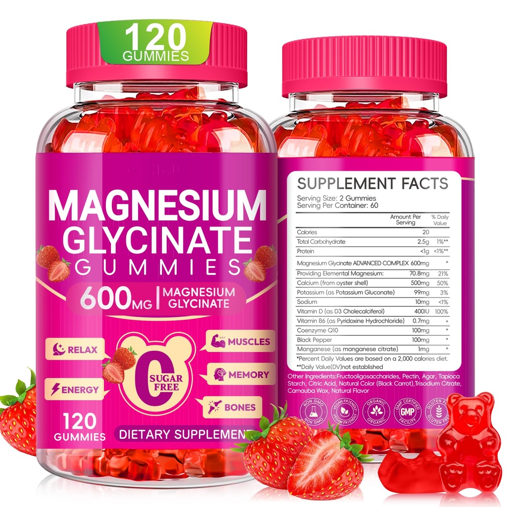 Magnesium Glycinat Gummies 600mg, tyggetuskler fri Kalium Magnesium Gummies med Magnesium Glycinat, D-vitamin, B6 og CoQ10 til søvn, afslapning, hjerne og muskel, 60 dages forsyning