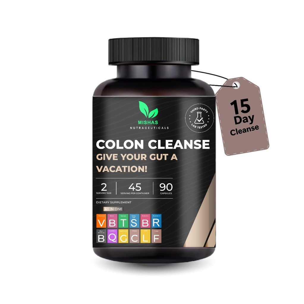 Mishas Nutraceutical Colon Cleanse - Relief from Gas and Bloating, Supports Gut Health with Magnesium, Berberine, Vitamin D, Quercetin & More - Colon Cleanse Formula - 90 Capsules