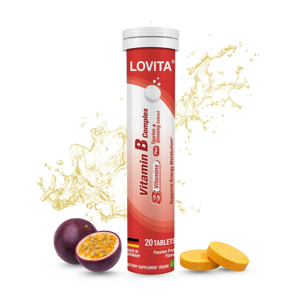 LOVITA Vitamin B Complex Effervescent Tablets 20 Count, Plus Taurine & Ginseng Extract, Supports Energy Metabolism, Passion Fruit Flavor, Vegan, Gluten-Free, Sugar-Free, Caffeine-Free