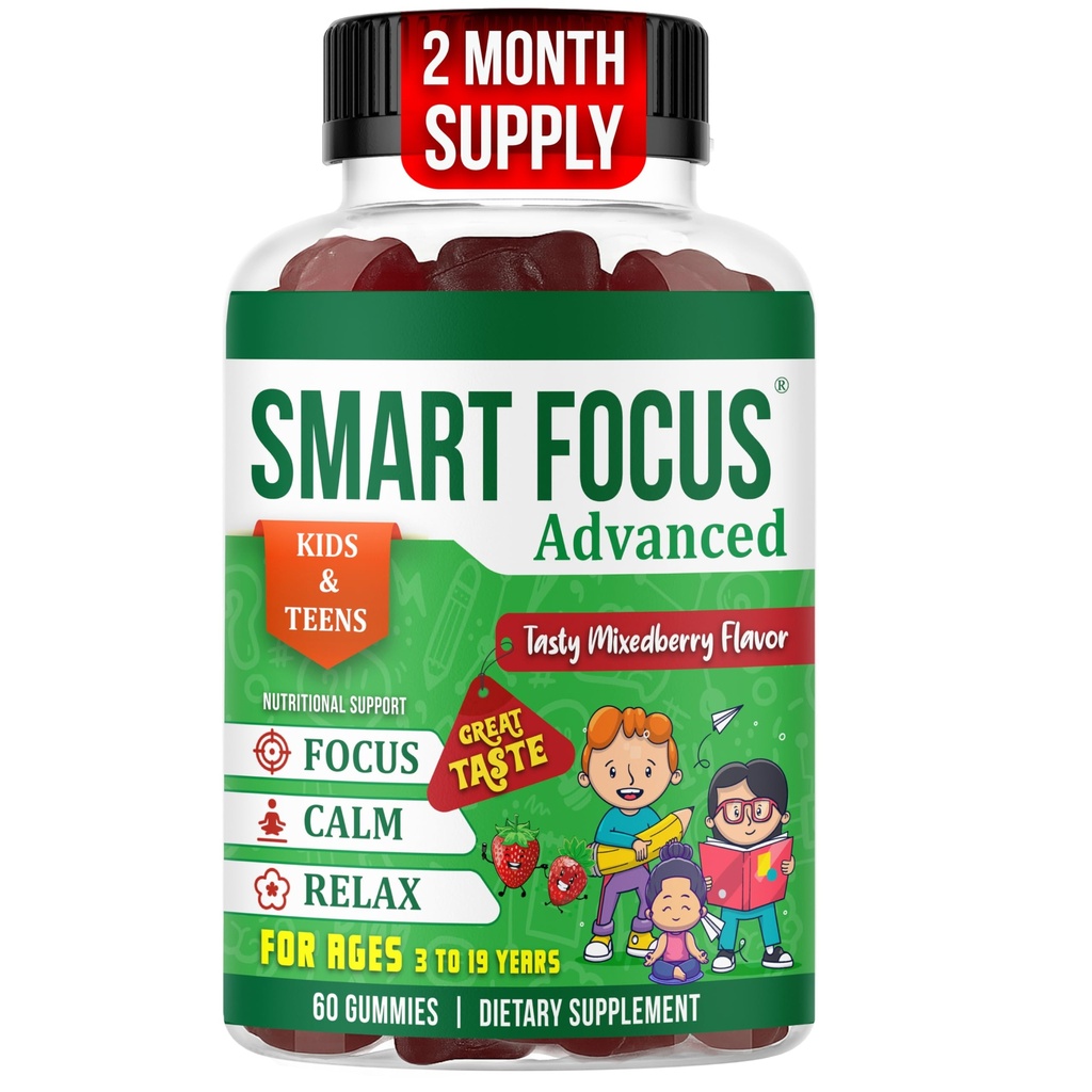 SmartFocus Calm and Focus Supplements for Kids & Teens- Magnesium Calm Gummies for Mood & Relaxed Sleep Natural Mixedberry Flavor 60 Count
