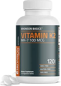 Bronson vitamin K2 MK- 7 100 MCG, K2 som MK7 Menaquinon, Knoglestøtte Non- GMO, 120 tabletter