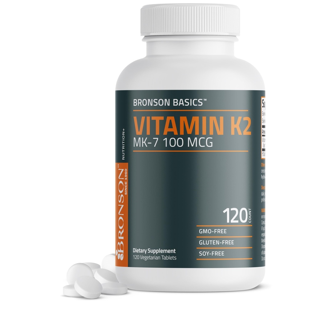 Bronson vitamin K2 MK- 7 100 MCG, K2 som MK7 Menaquinon, Knoglestøtte Non- GMO, 120 tabletter