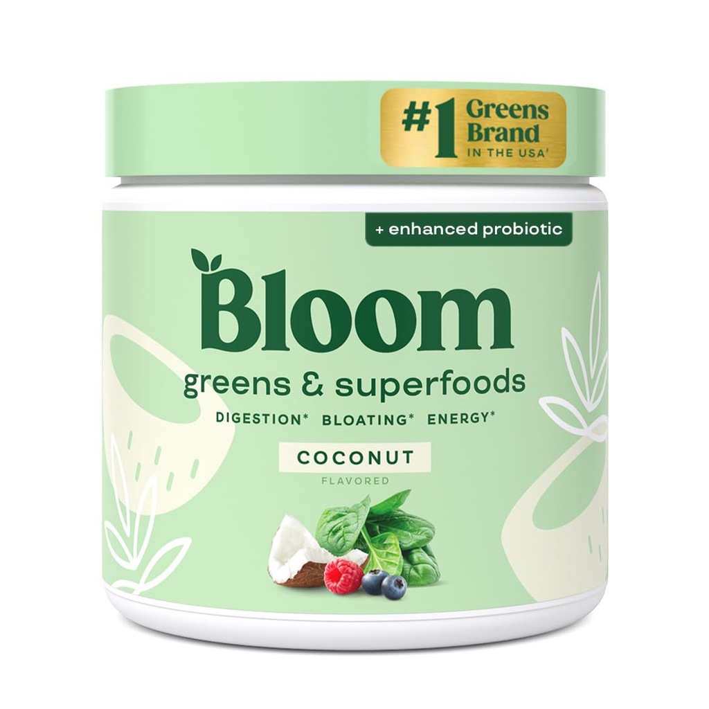 Bloom Nutrition Superfood Green Powder, fordøjelsesenzymer med probiotika og prebiotika, Gut Health, Bloating Relief for Women, Chlorella, Green Juice Mix med Beet Root Powder, 30 SVG, Kokosolie