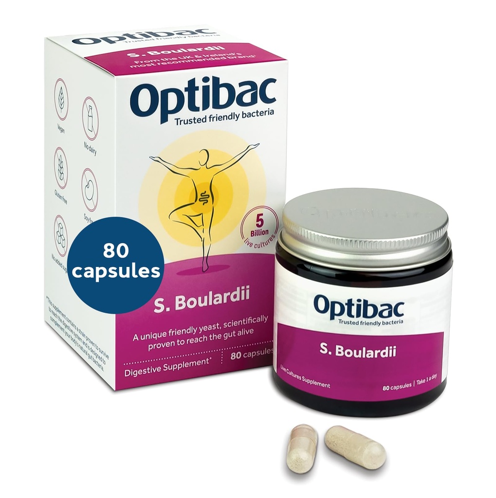 Optibac Saccharomyces Boulardii 80 Capsules | 5 Billion Live Cultures per Serving | Probiotic Yeast Supplement with S. Boulardii | Vegan, Gluten Free & Shelf Stable | For Gut Flora & Digestive Balance