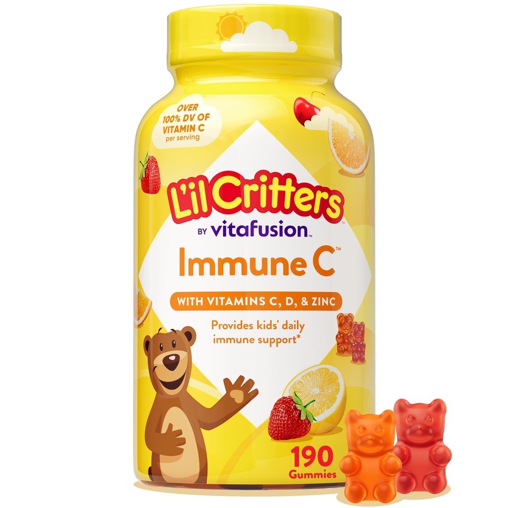 L 'il Critters ImmunC Daglig Gummy supplement Vitamin til børn, for C-vitamin, D-vitamin og zink til immunforsvar, Orange, Lemon, Jordbær og Kirsebær Flag, 190 Gummies (Packaging May Vary)