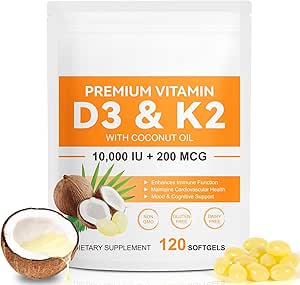120 Softgels Vitamin D3 K2 10000IE 200MCG - Kokosolie - Support Immun, Heart Health - vedligeholder cardiovaskulær sundhed - Superior Absorption- Let at synke