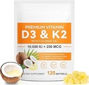120 Softgels Vitamin D3 K2 10000IE 200MCG - Kokosolie - Support Immun, Heart Health - vedligeholder cardiovaskulær sundhed - Superior Absorption- Let at synke
