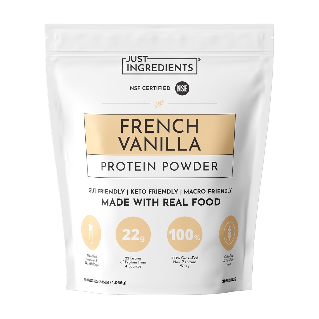 JUST INGREDIENTS French Vanilla Protein Powder – 30 Serving Bag – Grass-Fed Whey & Plant Protein Blend with Real Vanilla Bean – Sweetened with Coconut Sugar & Monk Fruit, Non-GMO, Gluten-Free