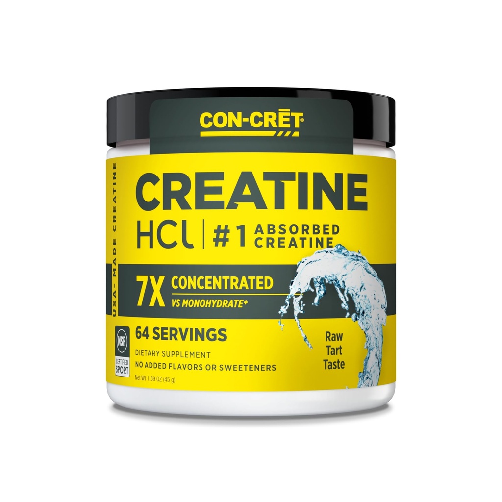 CON- CRET Creatin HCl Pulver • 124; Muskel, Kognitiv, Cellular Energy Support • 124; Ingen Bloating eller Cramps • 124; USA Made & NSF Certified • 124; Ikke flavored (64 Servering)