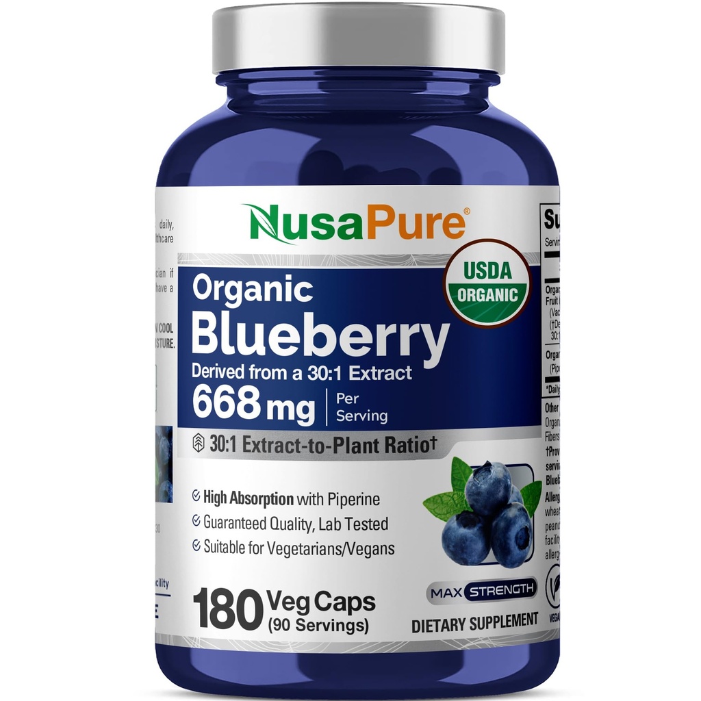 NusaPure blåbær Koncentrat 20,000mg - 180 Veggie Powder caps (ekstrakt 30: 1, 100% Vegetarisk, Non- GMO)
