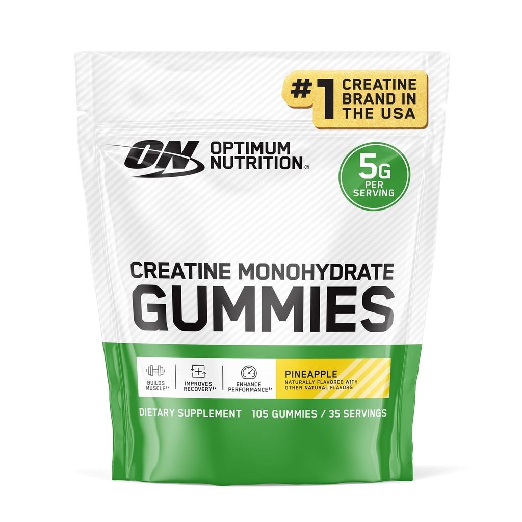 Optimum Nutrition Creatine Monohydrate Gummies, Pineapple Flavor, 105 Count, 35 Servings, 5g Creatine per Serving (Packaging May Vary)