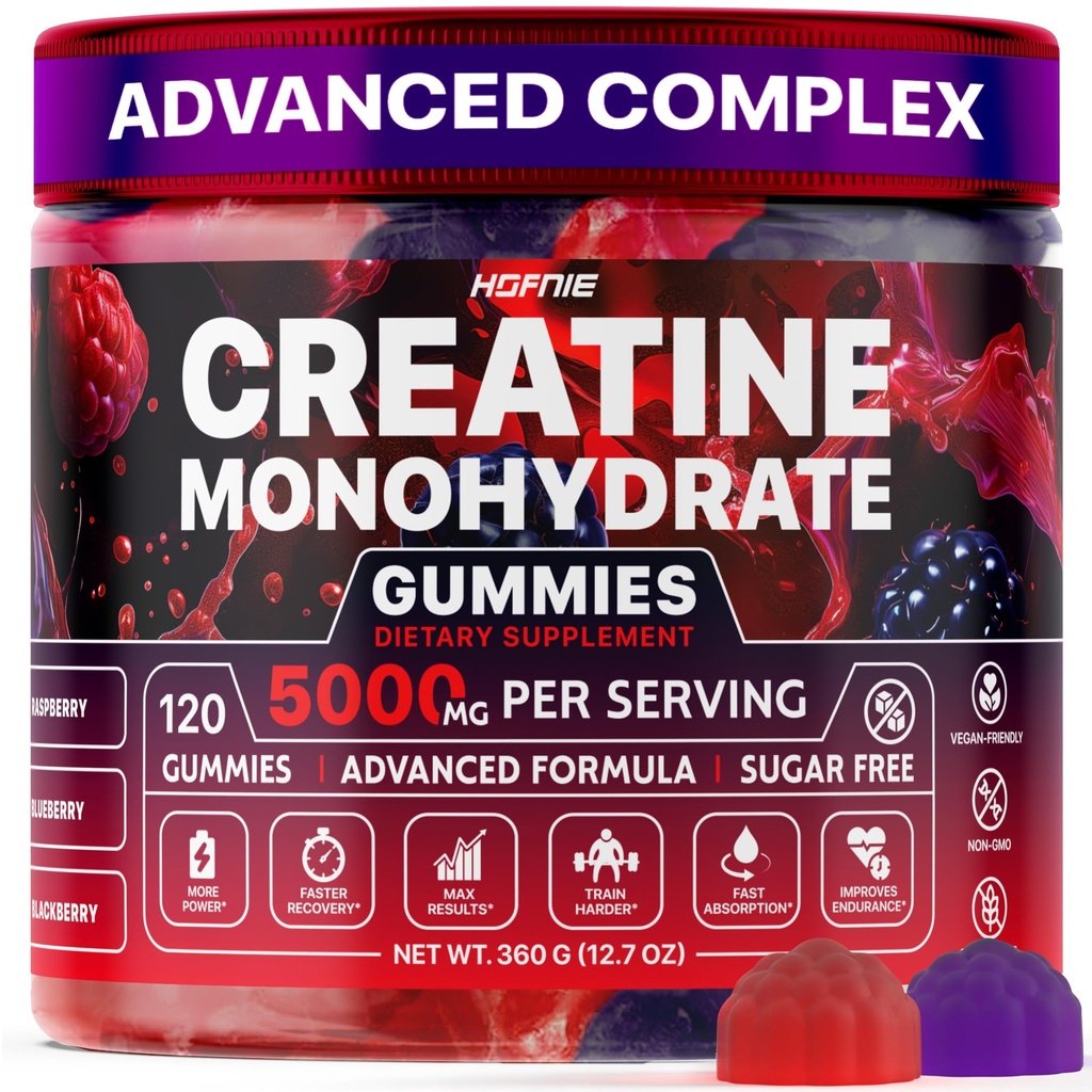 Creatine Monohydrate Gummies 5000 mg – Vegan, Sugar-Free Pre Workout Creatine for Men & Women – Raspberry & BlackBerry Flavored Chewable Creatine Monohydrate, 120 Gummies (30-Day Supply)