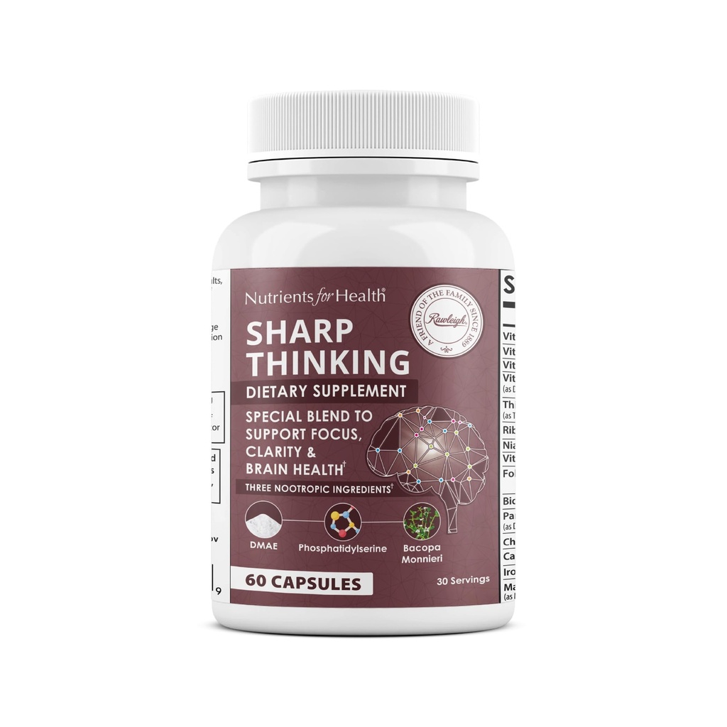 Rawleigh Sharp tænker: 60 kapsler, Focus, Clarity, Memory Support, 3 Nootropics, DMAE Bitartrate, Bacopa Monnieri, Phosphatidylserin, DHA & Vitamin A, C, D, E, B- Complex