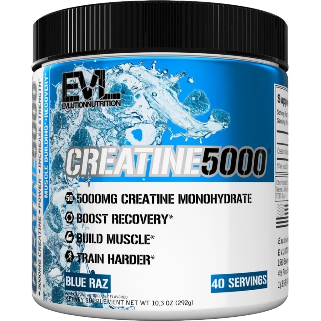 Evlution Nutrition Creatine 5000 - Supports Faster Recovery, Lean Muscle Growth & Performance - Pre & Post Workout Powder - 5000mg Pure Creatine Monohydrate Per Serving - 40 Servings - Blue Raz