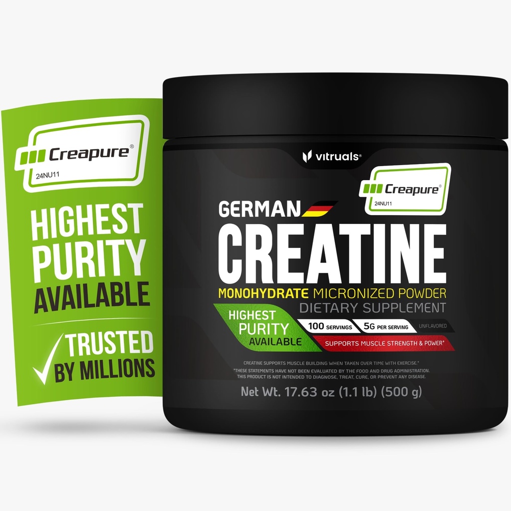 Creapure Creatine Monohydrate Powder – 17.63oz (1.1lb) (500g) German Creatine – Ultra-Pure for Strength & Recovery – 100% Made in Germany – with Scoop – Vegan, Keto-Friendly, Gluten-Free