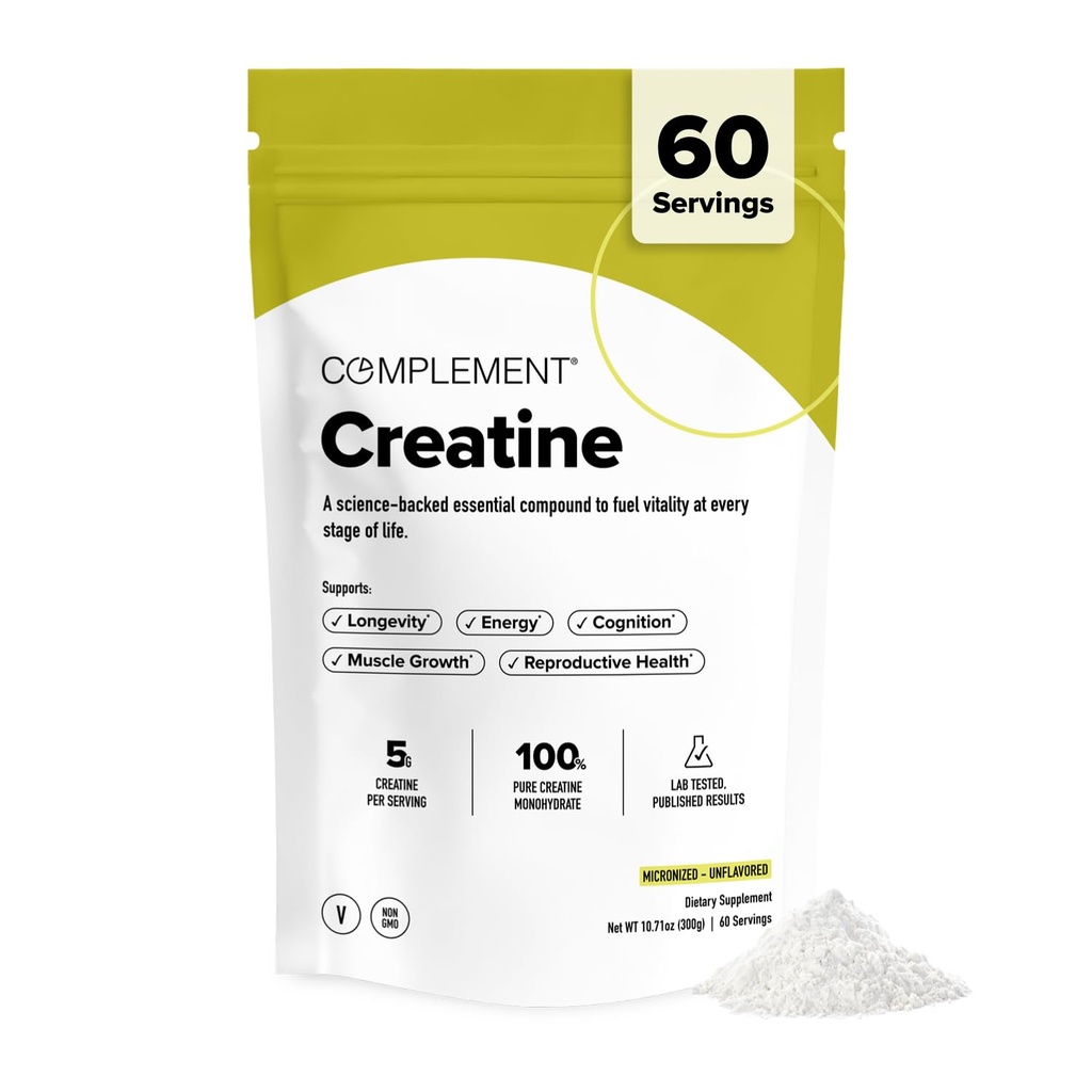 Complement Creatine Monohydrate Micronized Powder - Pre-Workout, Post-Workout, Muscle Recovery, Brain Health, Longevity, Energy Supplements for Women and Men - Vegan, Unflavored (5g, 60 Servings)